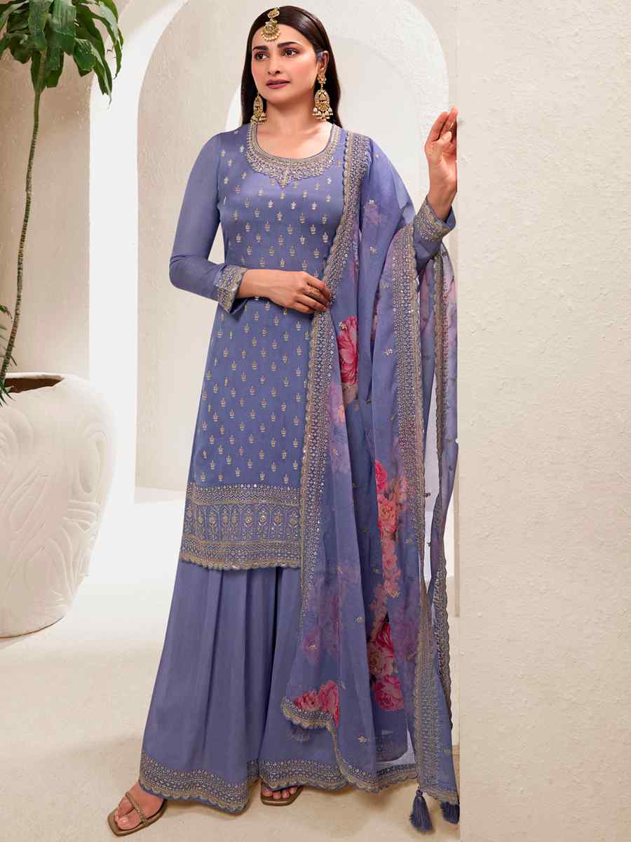 Violet Viscose Chinon Embroidered Festival Wedding Palazzo Pant Salwar Kameez