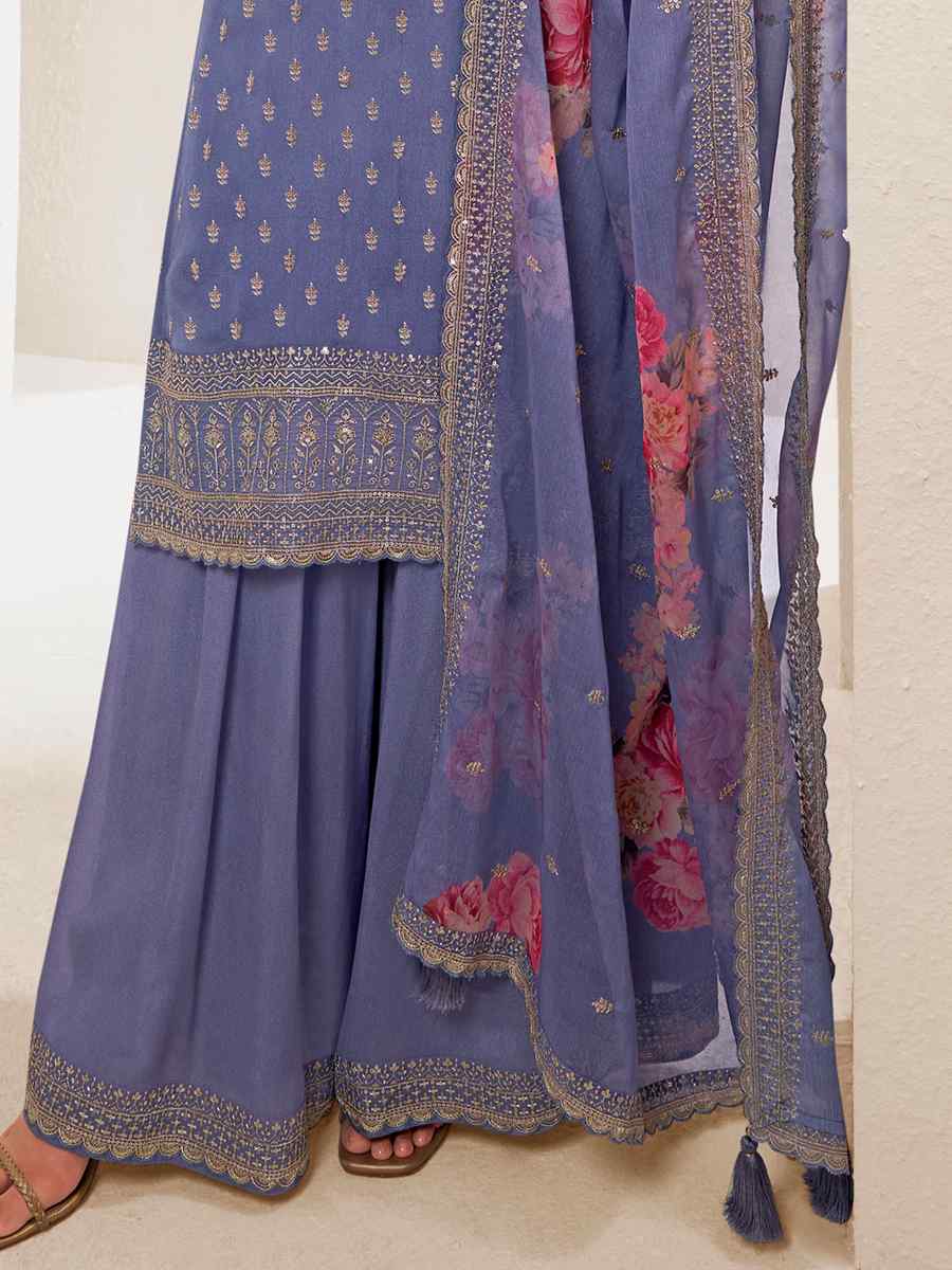 Violet Viscose Chinon Embroidered Festival Wedding Palazzo Pant Salwar Kameez