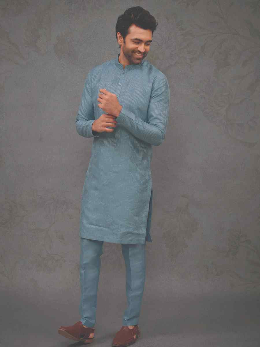 Water Blue Silk Woven Party Wedding Kurta