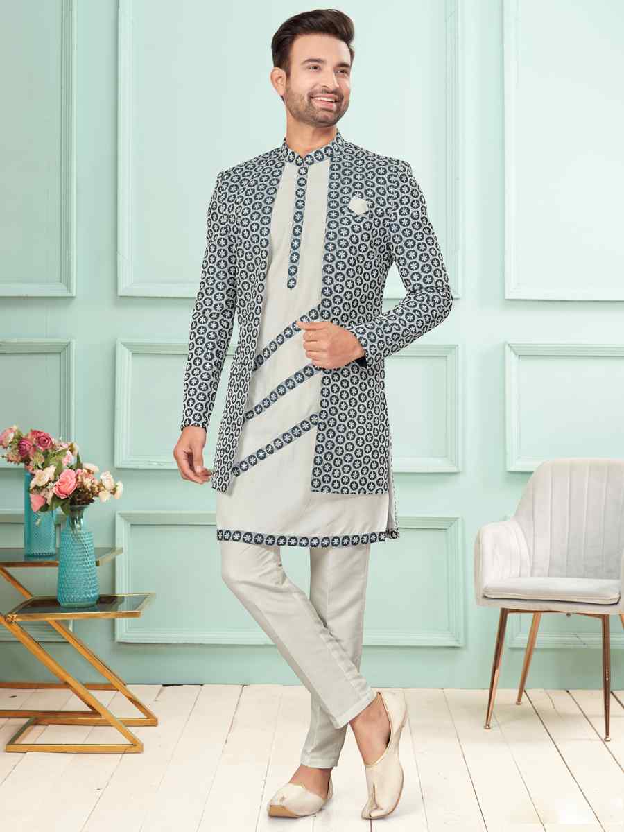 White Art Silk Embroidered Festival Wedding Kurta