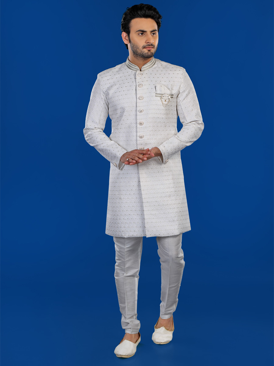 White Art Silk Embroidered Party Wedding Kurta