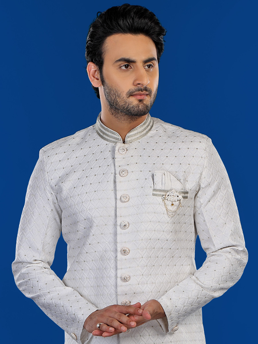 White Art Silk Embroidered Party Wedding Kurta