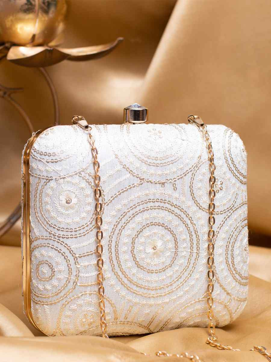 White Art Silk Party Wear Embroidered Clutches