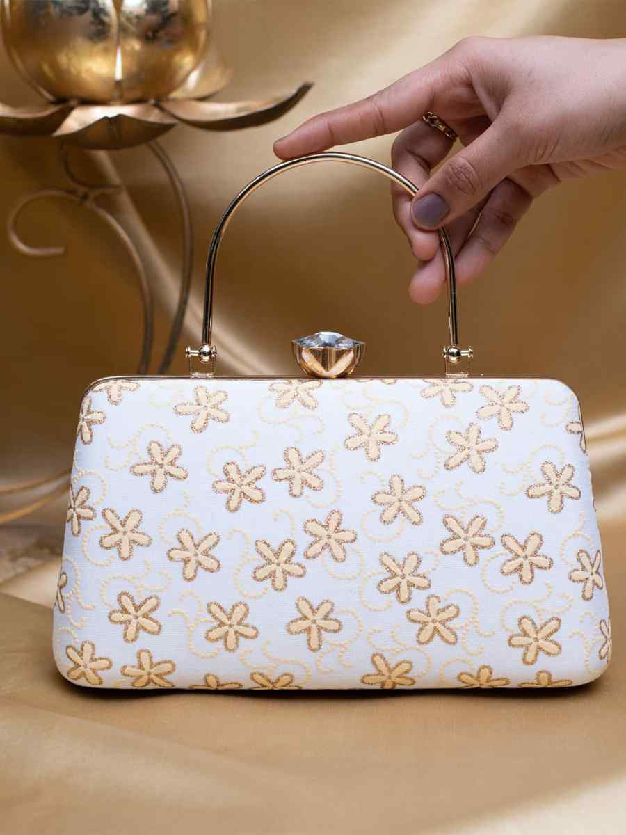 White Art Silk Party Wear Embroidered Clutches