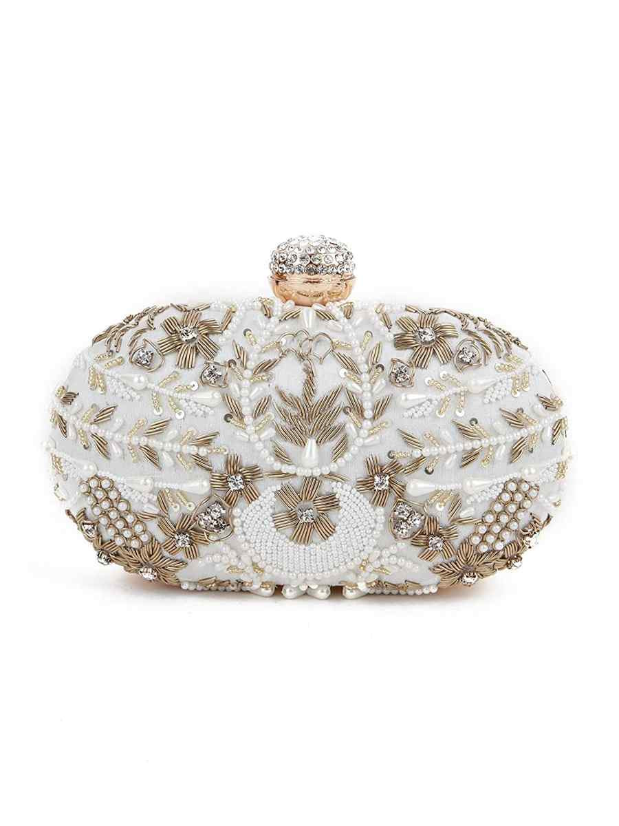 White Art Silk Party Wear Embroidered Clutches