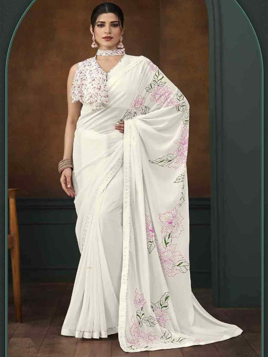 White Art Silk Printed Festival Casual Contemporary Saree