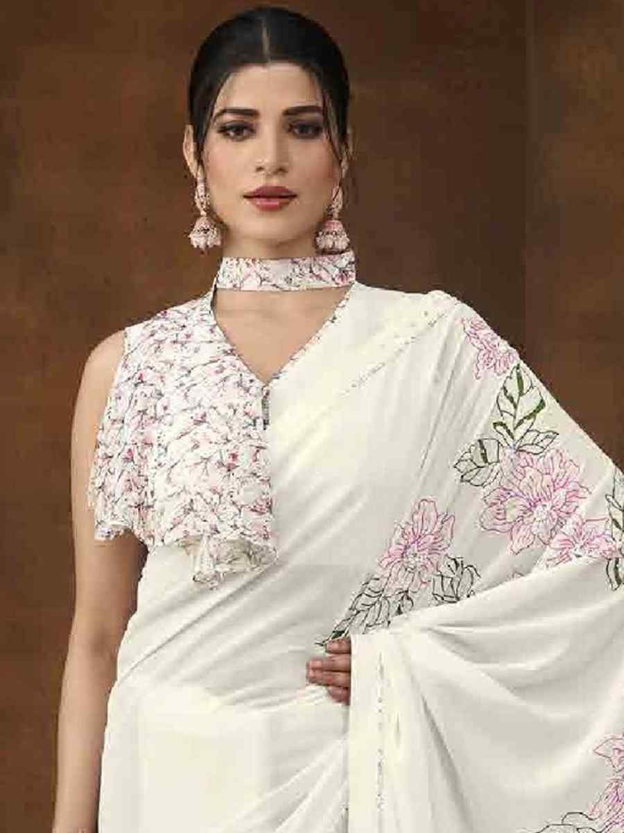 White Art Silk Printed Festival Casual Contemporary Saree