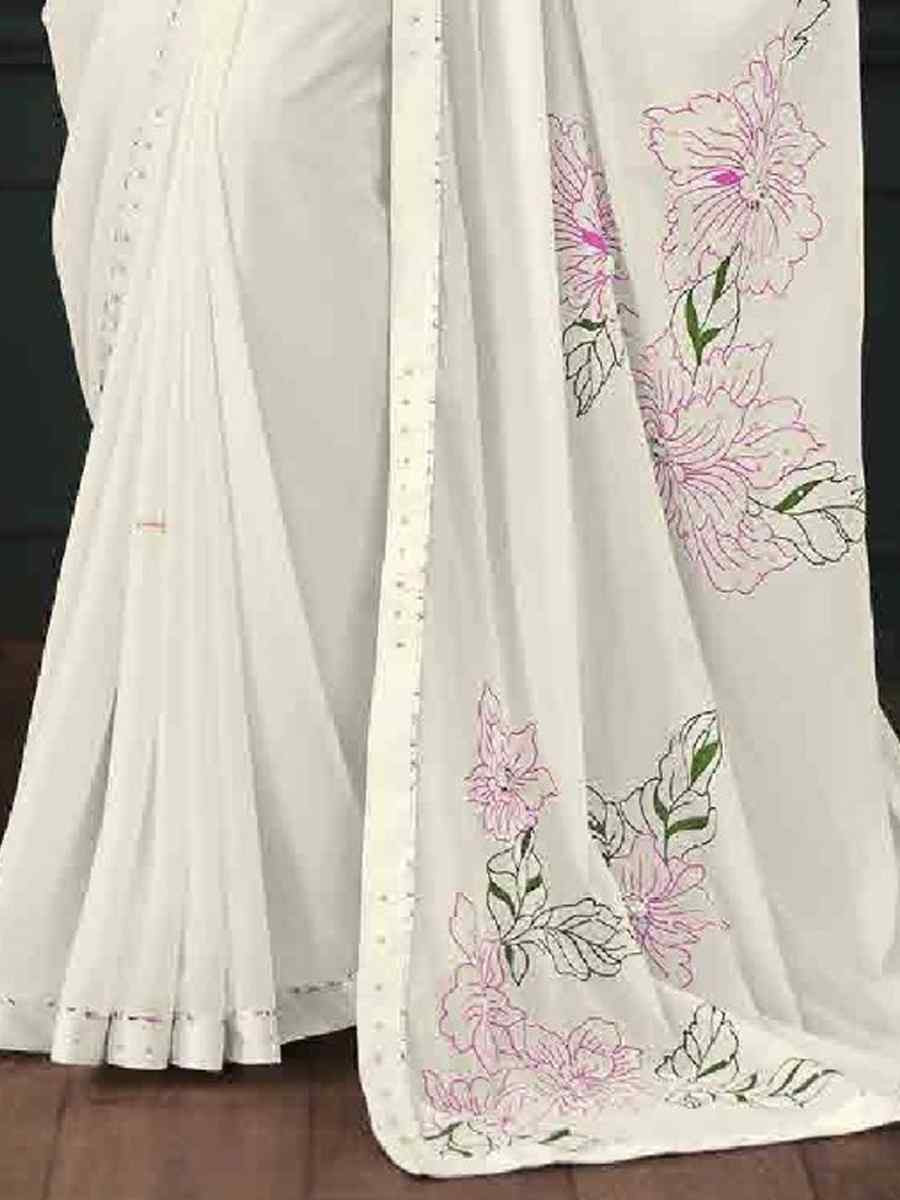 White Art Silk Printed Festival Casual Contemporary Saree