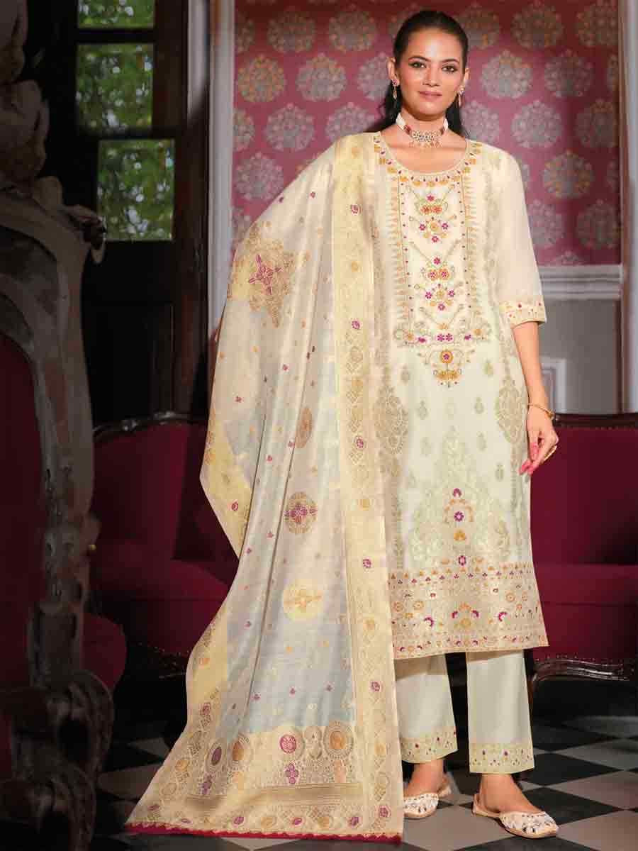 White Banarasi Jacquard  Silk Embroidered Festival Casual Ready Pant Salwar Kameez