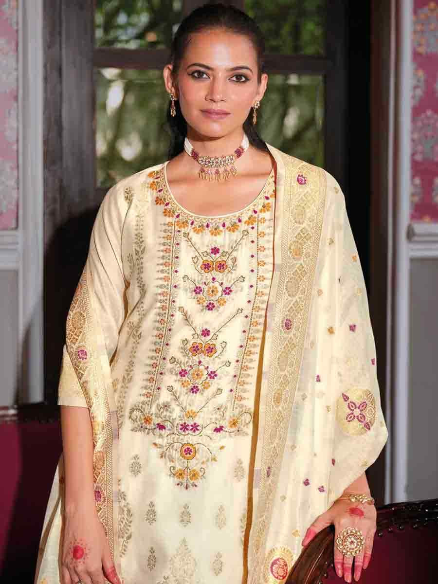 White Banarasi Jacquard  Silk Embroidered Festival Casual Ready Pant Salwar Kameez