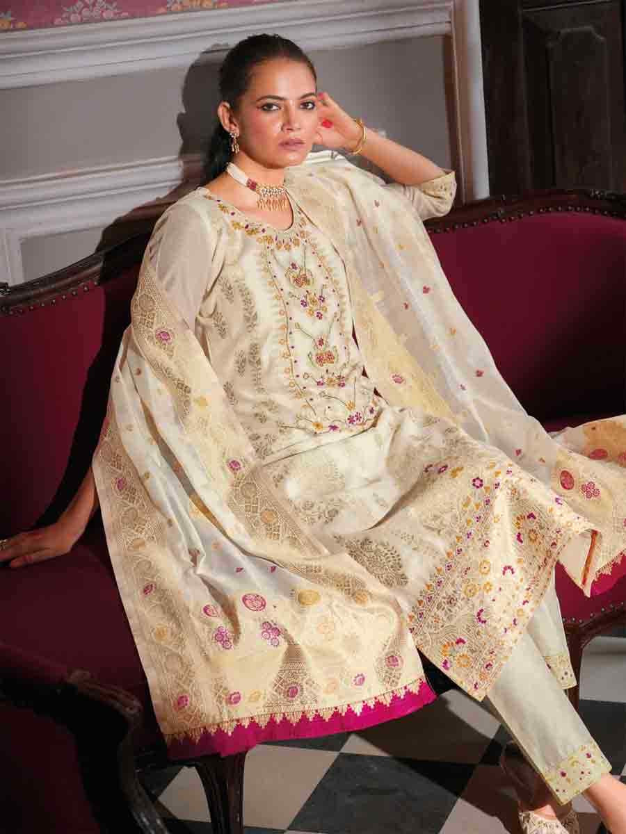 White Banarasi Jacquard  Silk Embroidered Festival Casual Ready Pant Salwar Kameez