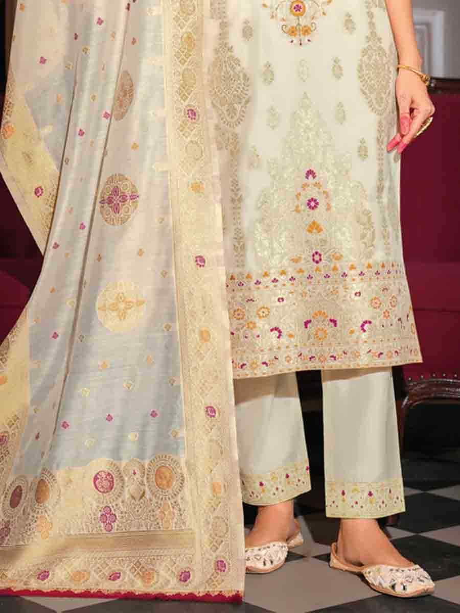 White Banarasi Jacquard  Silk Embroidered Festival Casual Ready Pant Salwar Kameez