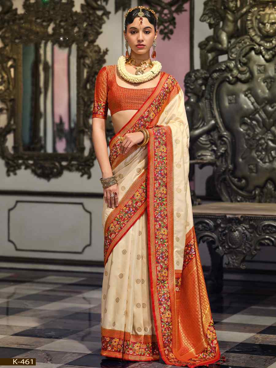 White Banarasi Poly Viscose Silk Handwoven Festival Wedding Heavy Border Saree