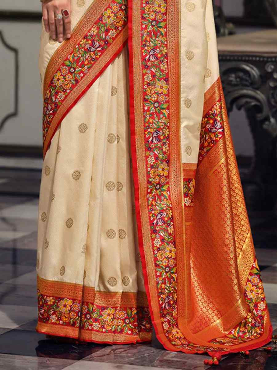 White Banarasi Poly Viscose Silk Handwoven Festival Wedding Heavy Border Saree