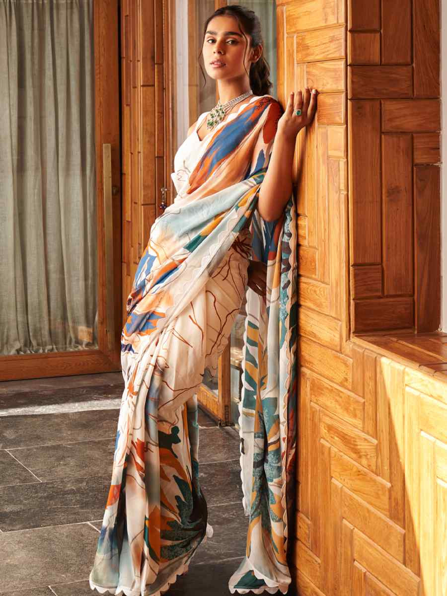 White Bright Moss Printed Festival Party Contemporary Saree