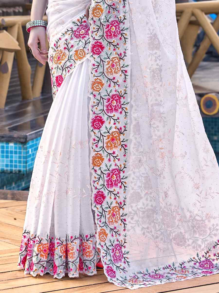 White Burbury Silk Embroidered Bridesmaid Wedding Heavy Border Saree