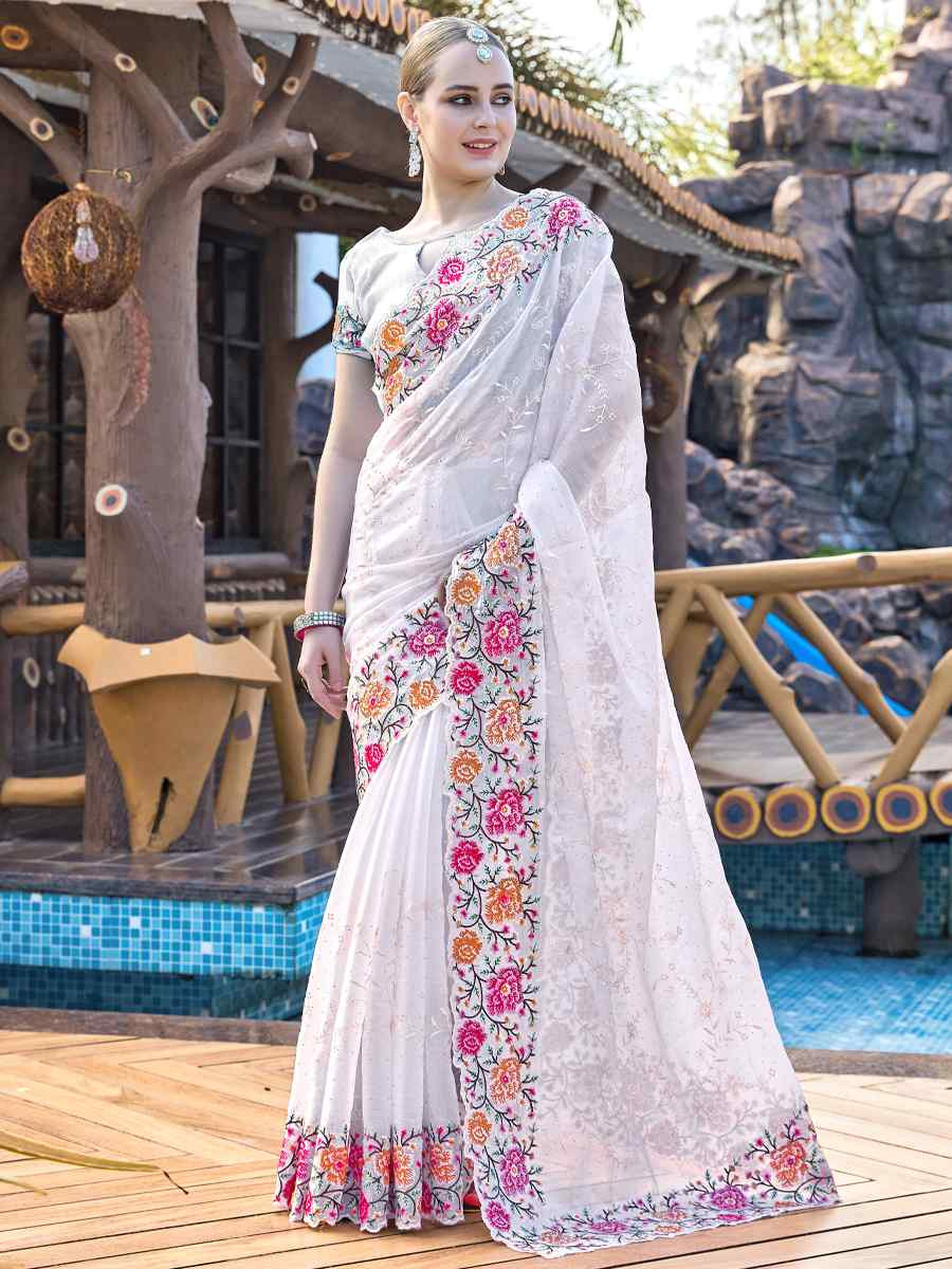 White Burbury Silk Embroidered Bridesmaid Wedding Heavy Border Saree