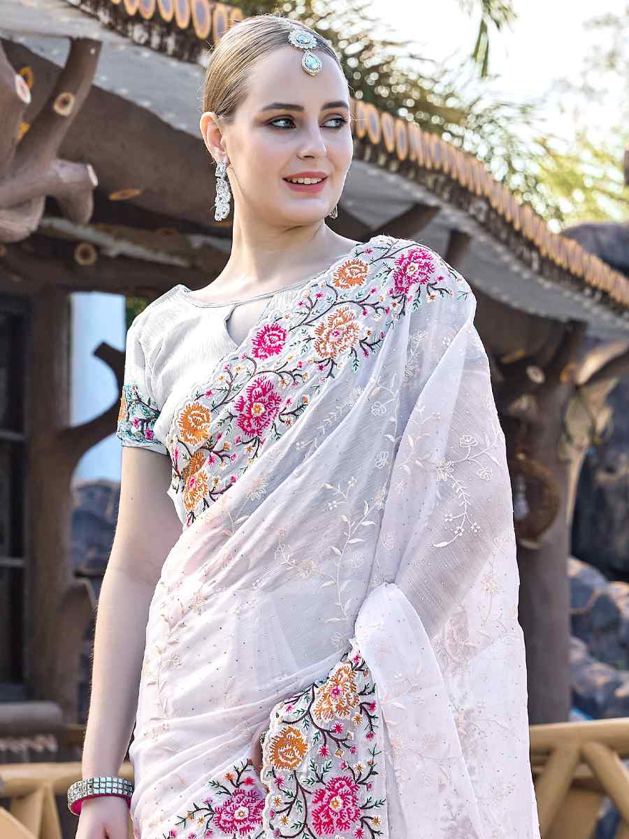 White Burbury Silk Embroidered Bridesmaid Wedding Heavy Border Saree