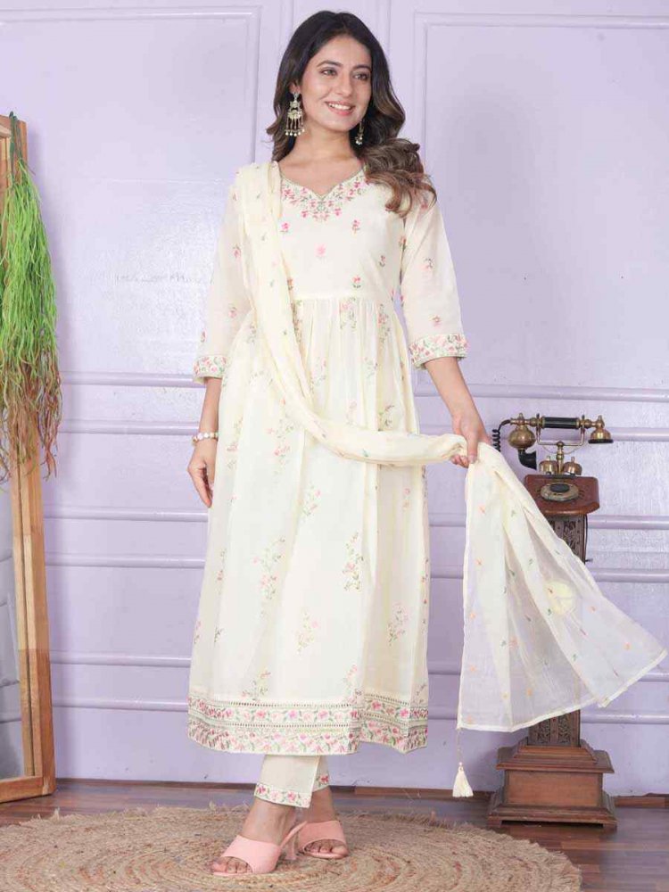 White Cambric Cotton Embroidered Festival Mehendi Ready Anarkali Salwar Kameez