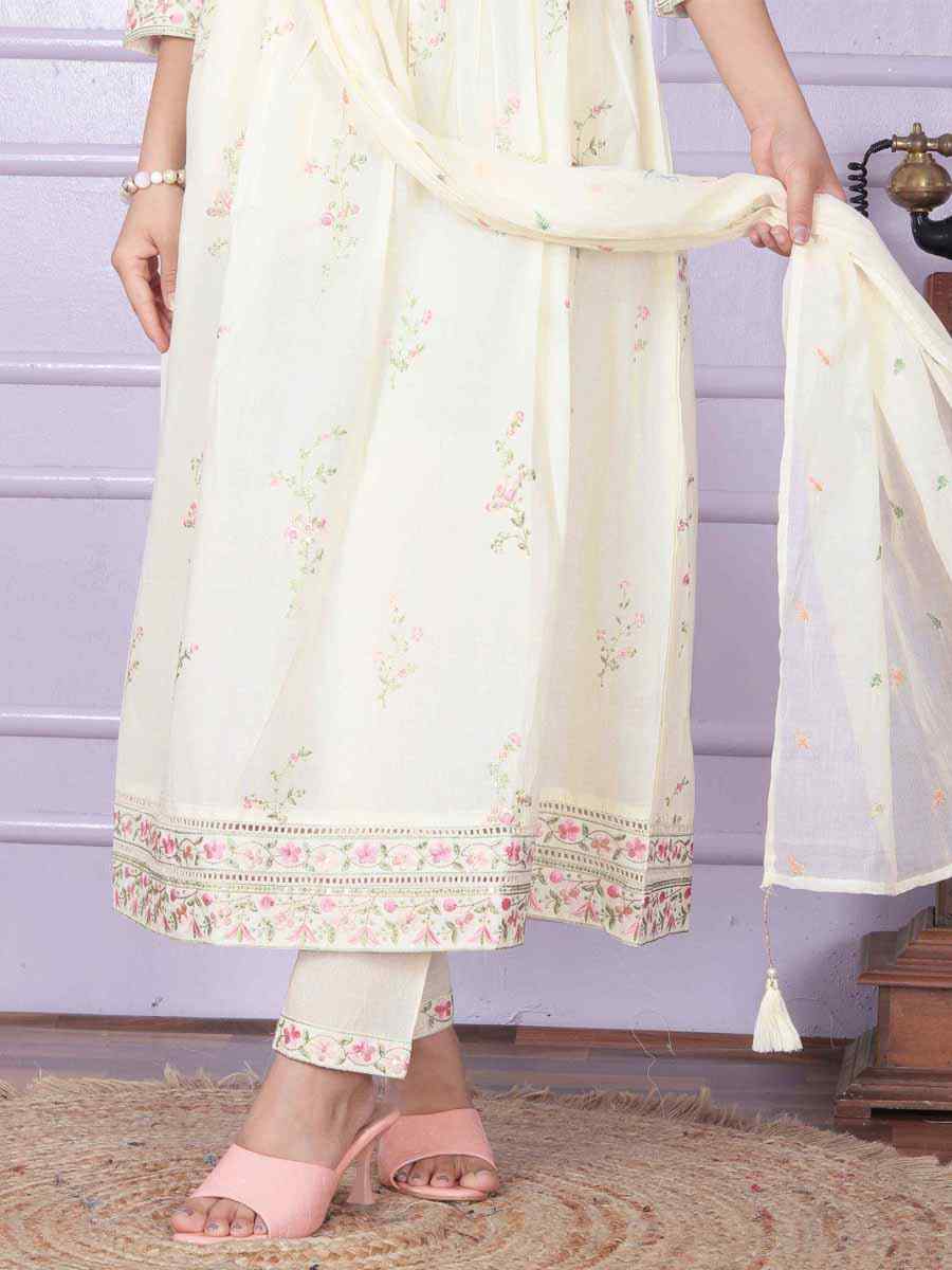 White Cambric Cotton Embroidered Festival Mehendi Ready Anarkali Salwar Kameez