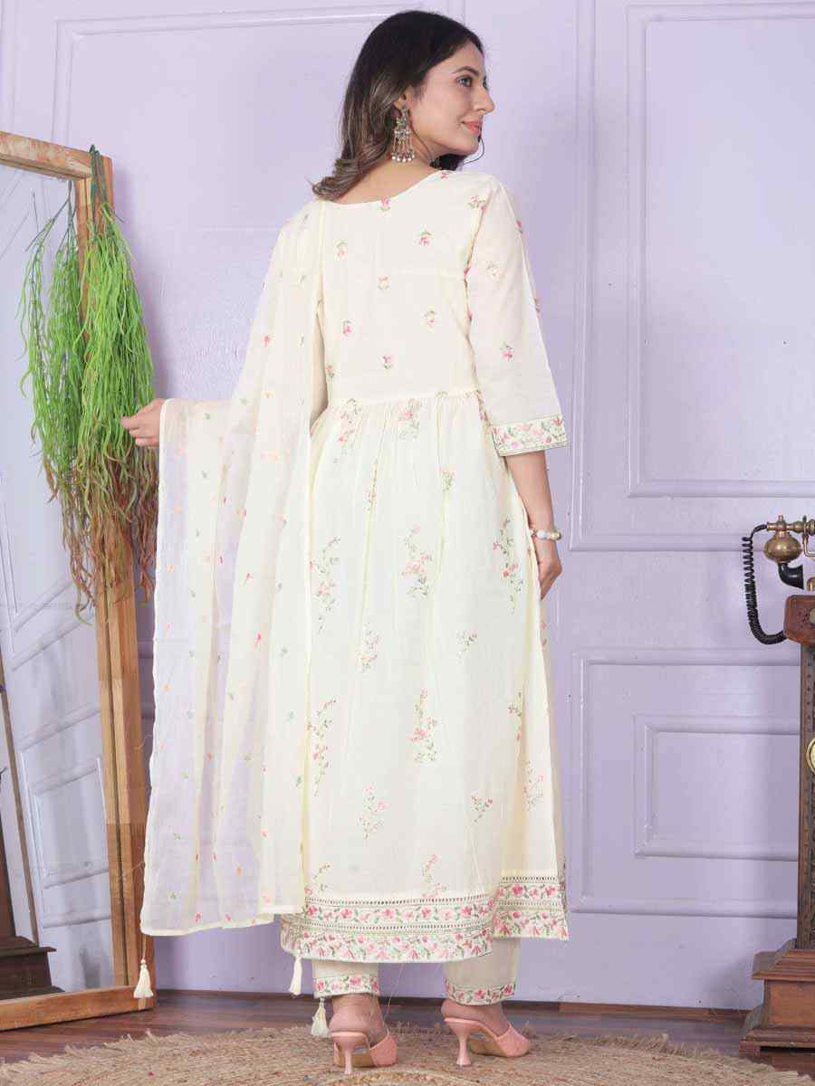 White Cambric Cotton Embroidered Festival Mehendi Ready Anarkali Salwar Kameez