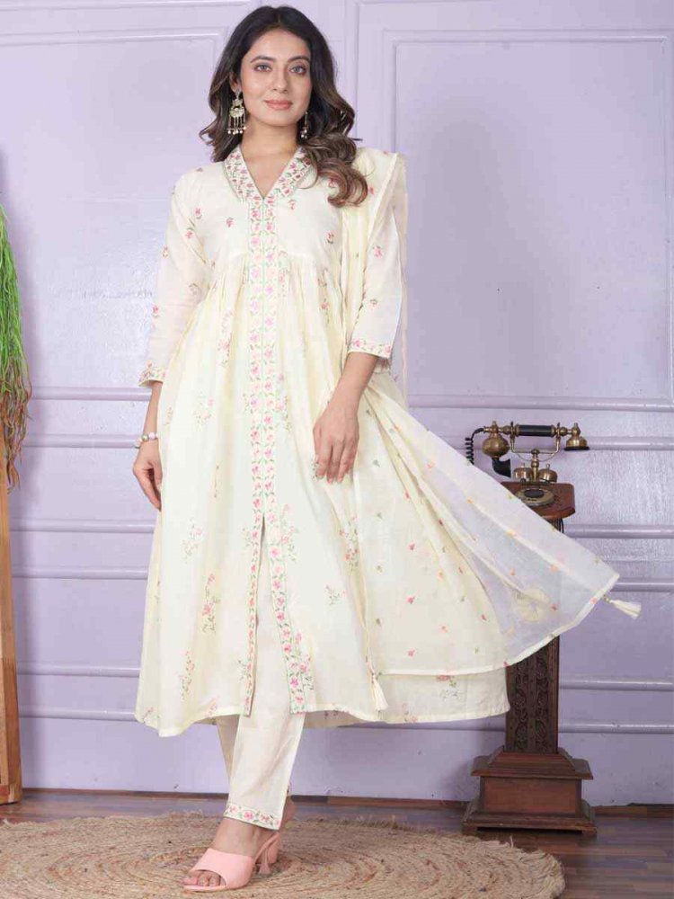 White Cambric Cotton Embroidered Festival Mehendi Ready Anarkali Salwar Kameez