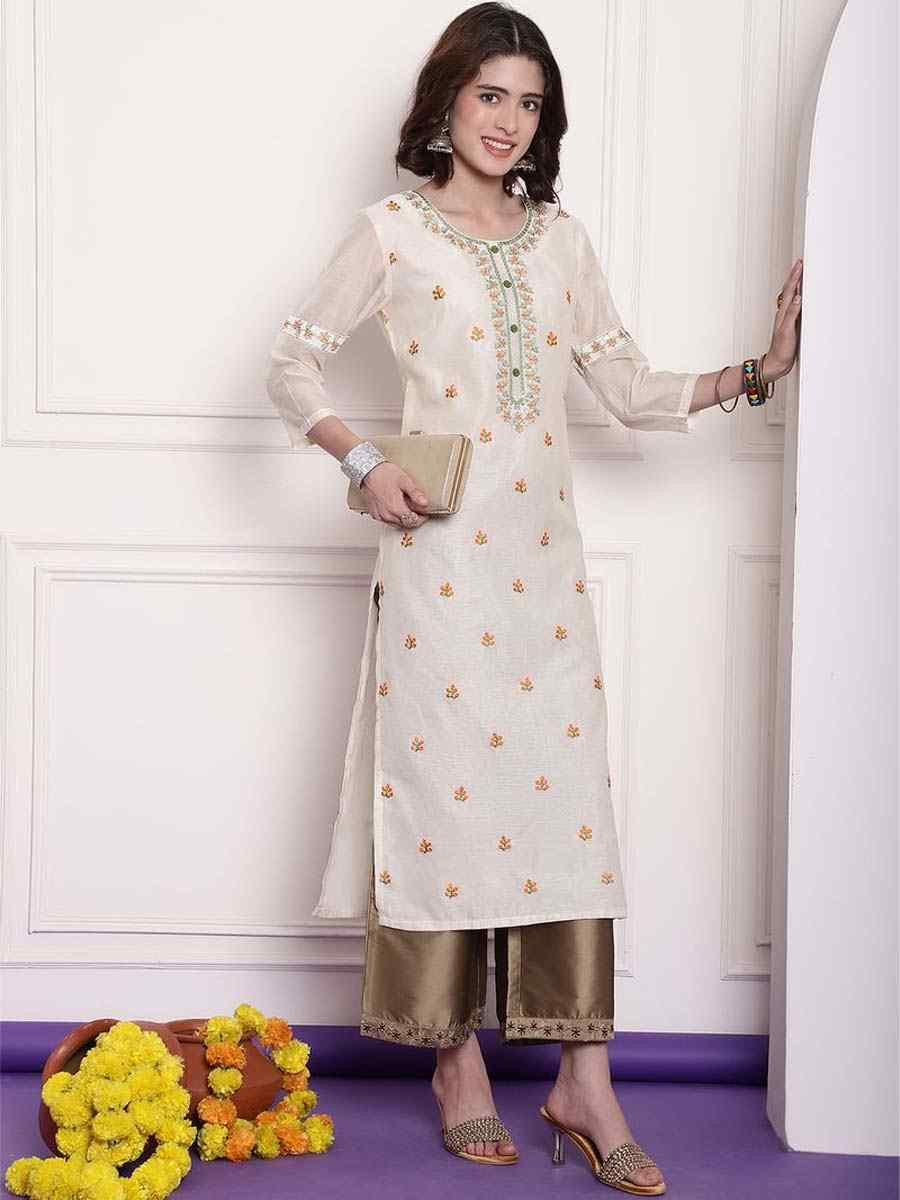 White Chanderi Embroidered Festival Casual Kurti