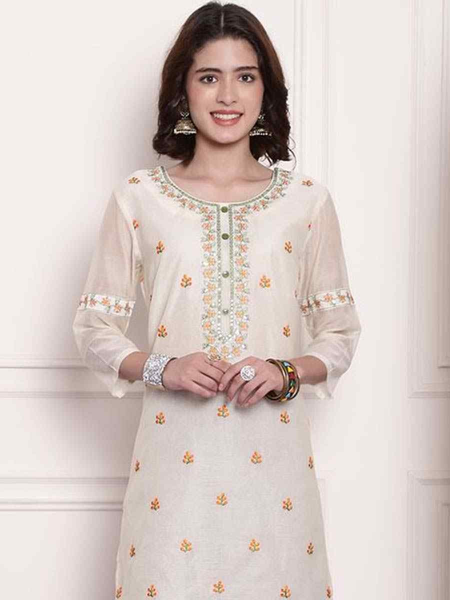 White Chanderi Embroidered Festival Casual Kurti