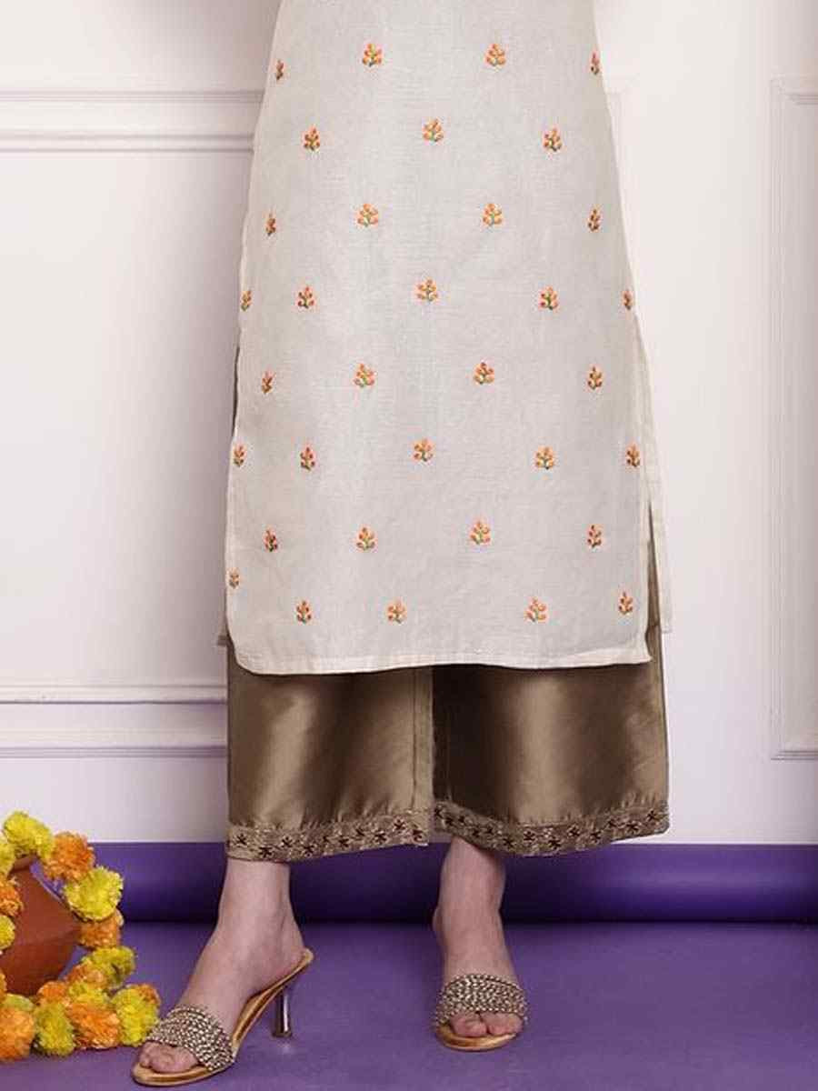 White Chanderi Embroidered Festival Casual Kurti