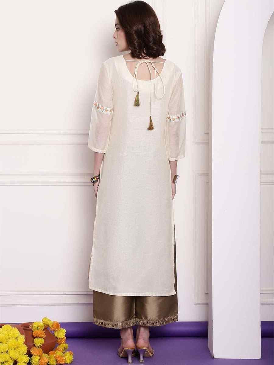 White Chanderi Embroidered Festival Casual Kurti