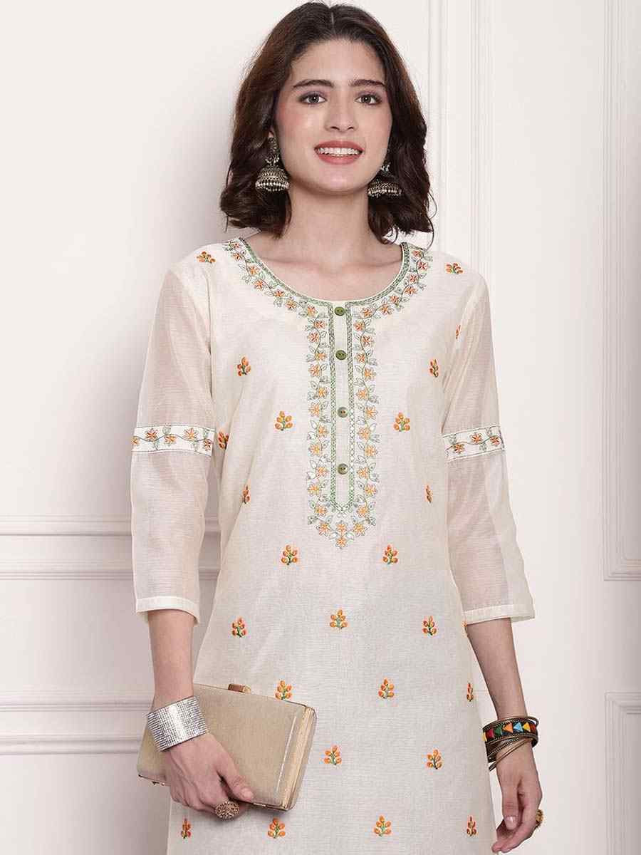 White Chanderi Embroidered Festival Casual Kurti