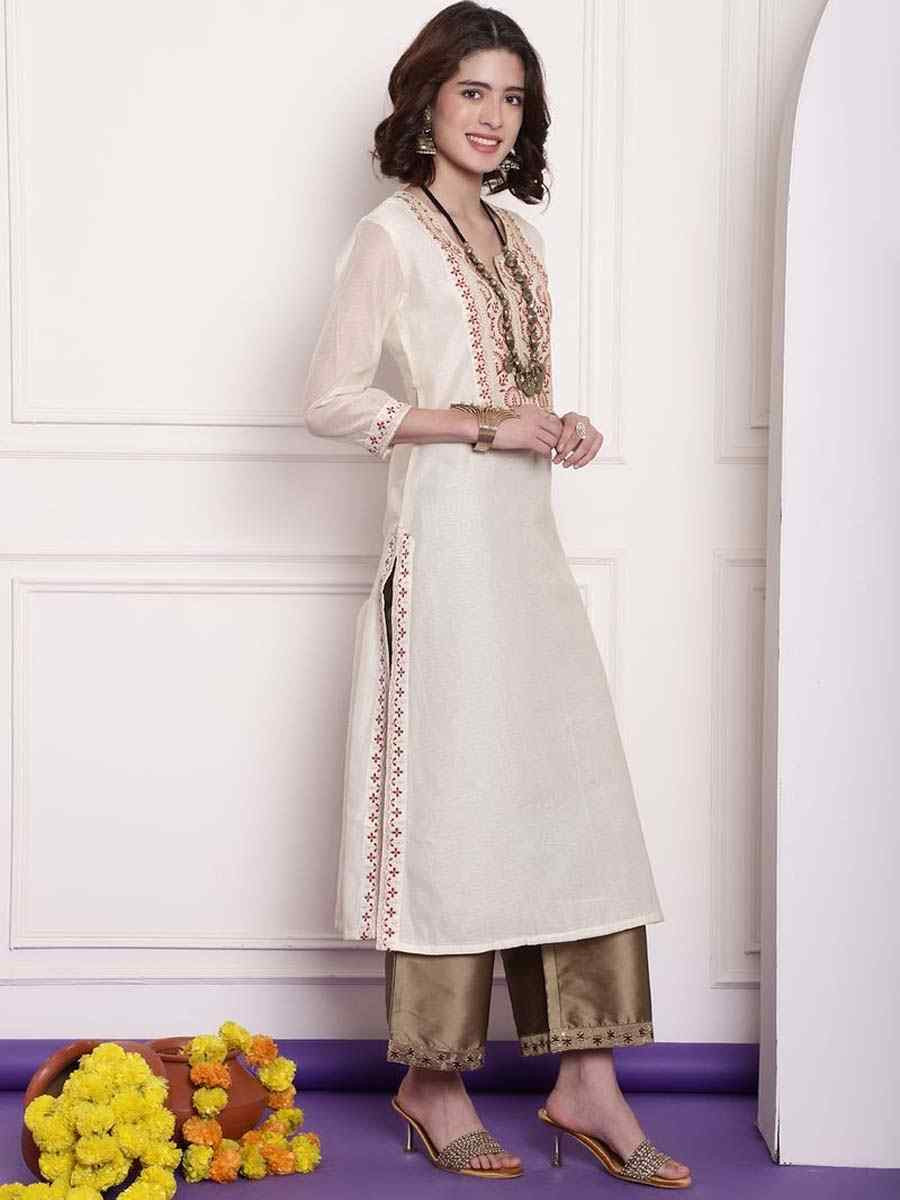 White Chanderi Embroidered Festival Casual Kurti