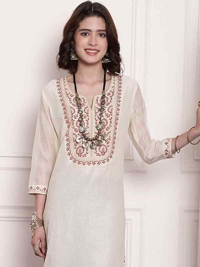 White Chanderi Embroidered Festival Casual Kurti