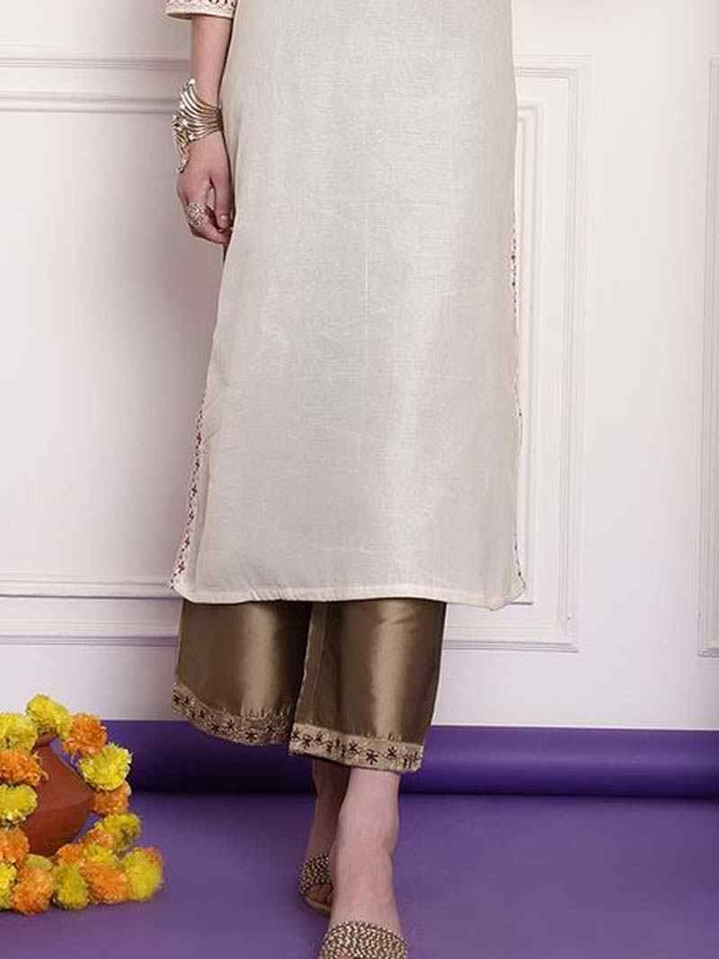 White Chanderi Embroidered Festival Casual Kurti