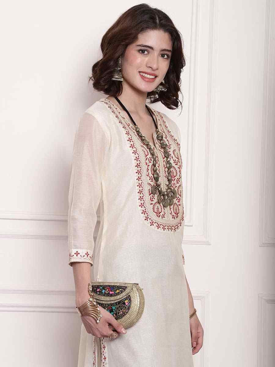 White Chanderi Embroidered Festival Casual Kurti