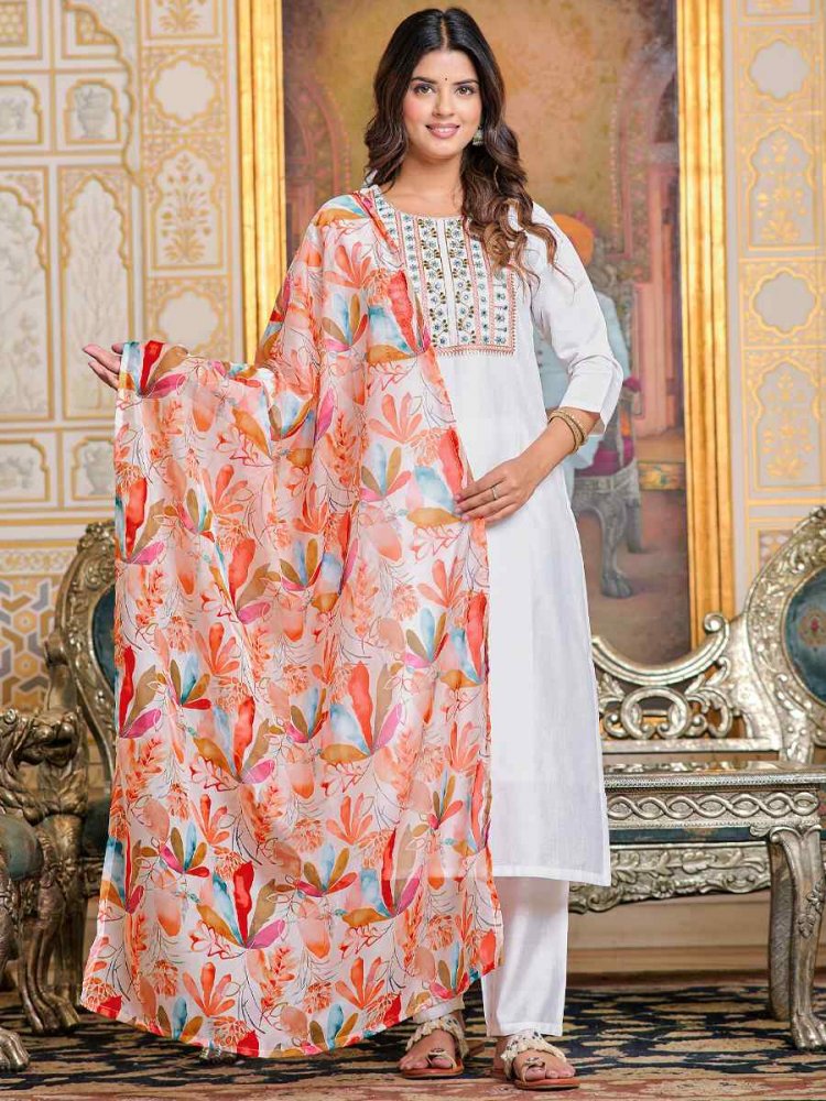 White Chanderi Embroidered Festival Casual Ready Pant Salwar Kameez