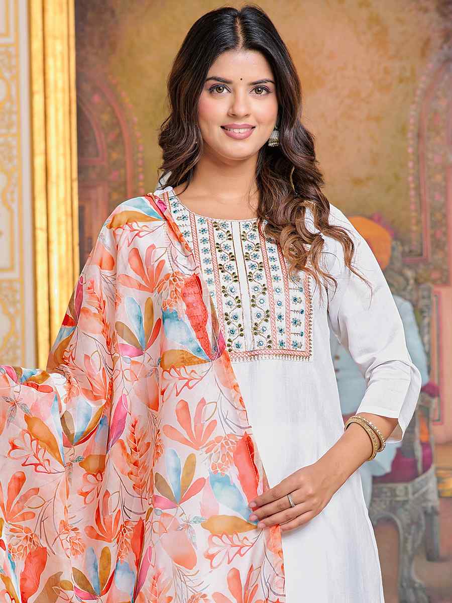 White Chanderi Embroidered Festival Casual Ready Pant Salwar Kameez