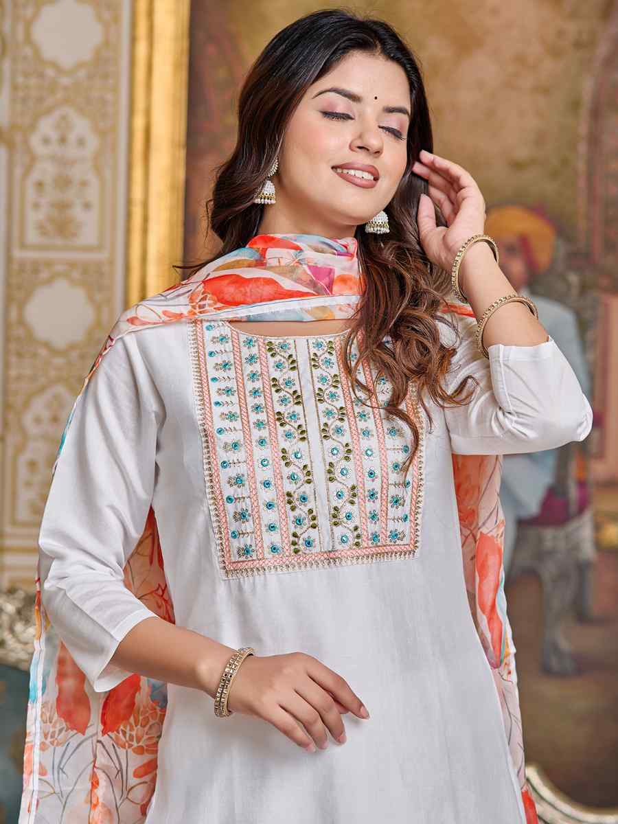 White Chanderi Embroidered Festival Casual Ready Pant Salwar Kameez