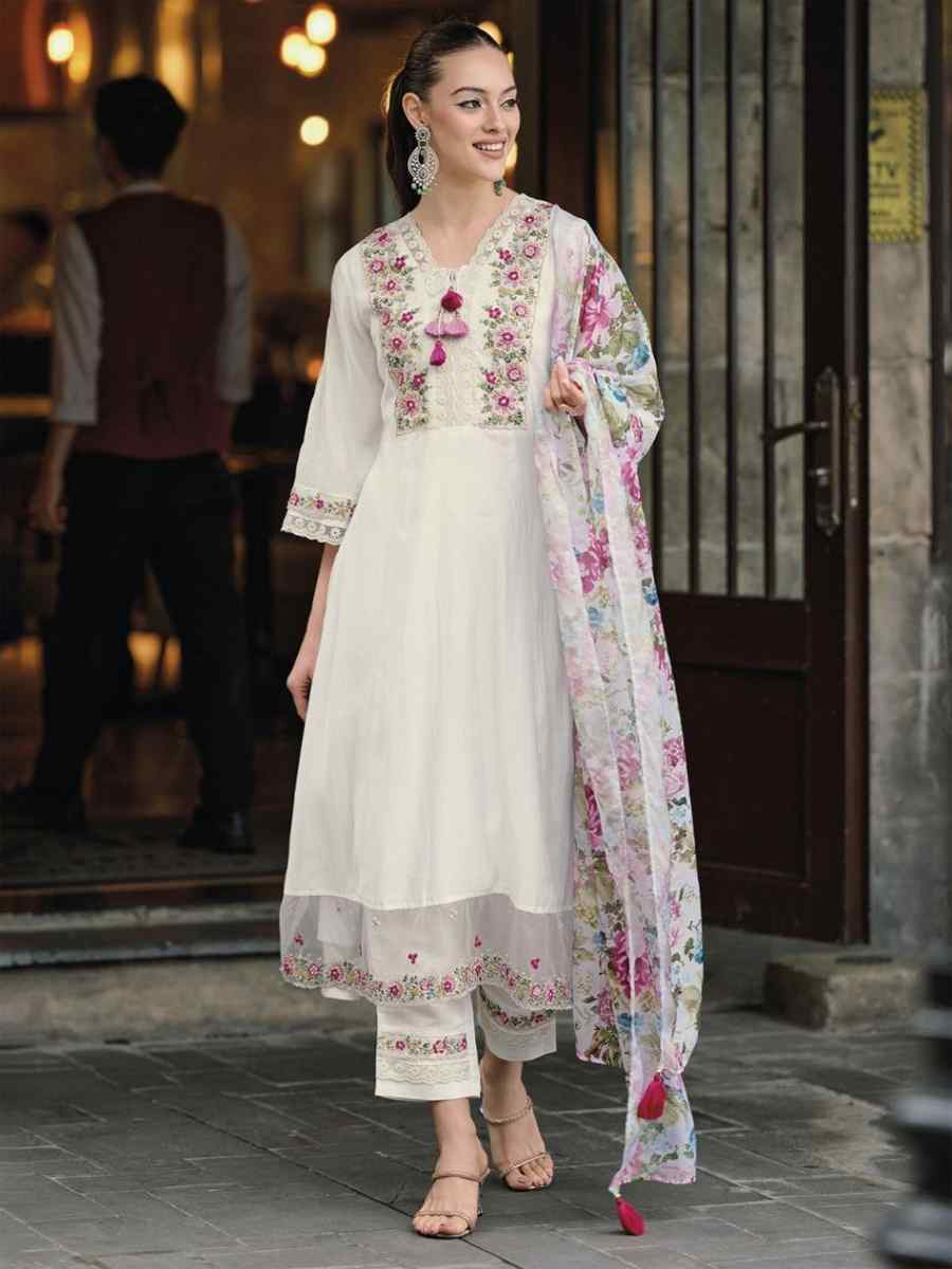 White Chanderi Embroidered Party Casual Ready Anarkali Salwar Kameez