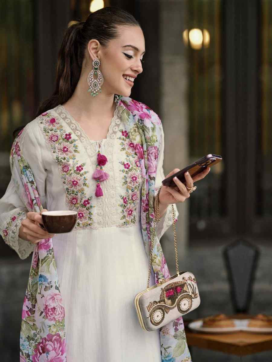 White Chanderi Embroidered Party Casual Ready Anarkali Salwar Kameez