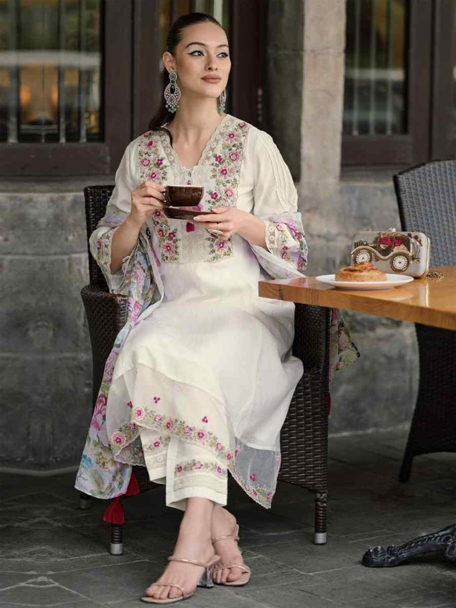 White Chanderi Embroidered Party Casual Ready Anarkali Salwar Kameez