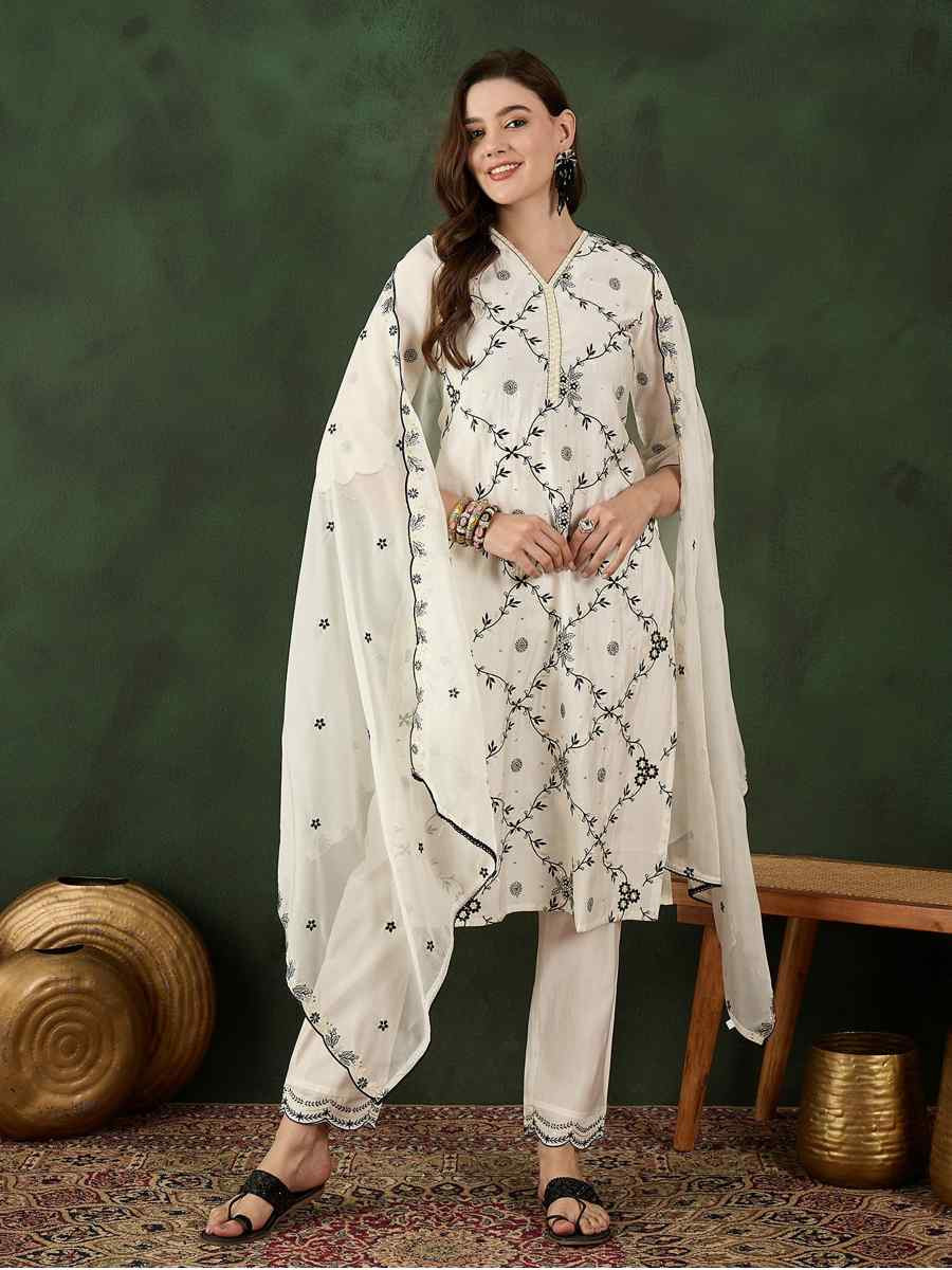 White Chanderi Silk Embroidered Festival Casual Ready Pant Salwar Kameez