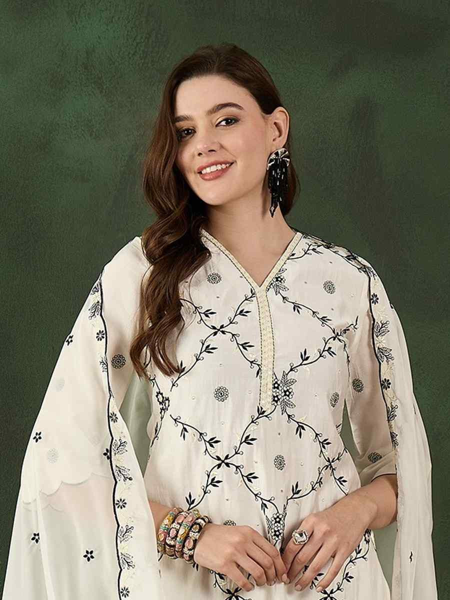 White Chanderi Silk Embroidered Festival Casual Ready Pant Salwar Kameez