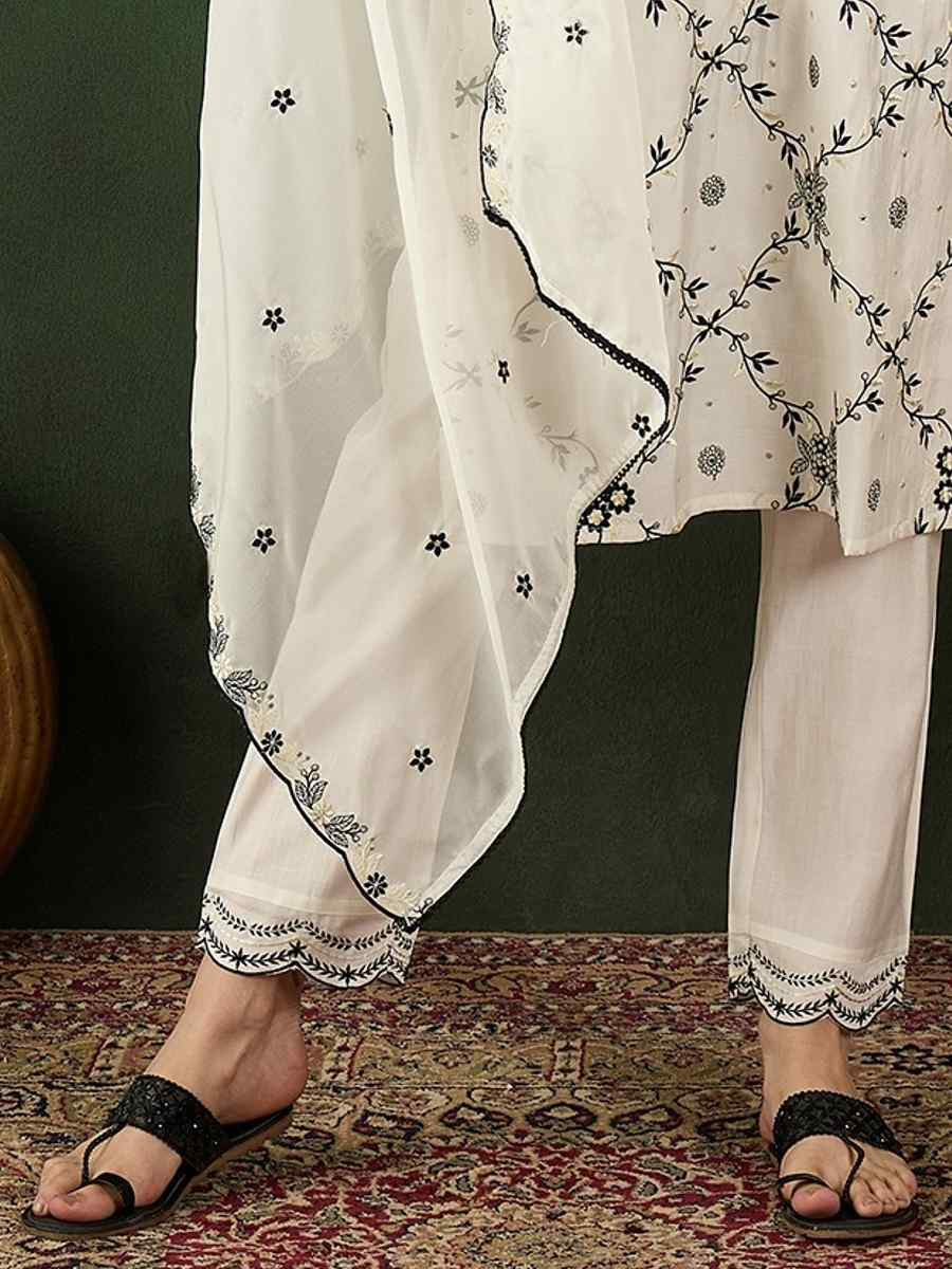 White Chanderi Silk Embroidered Festival Casual Ready Pant Salwar Kameez