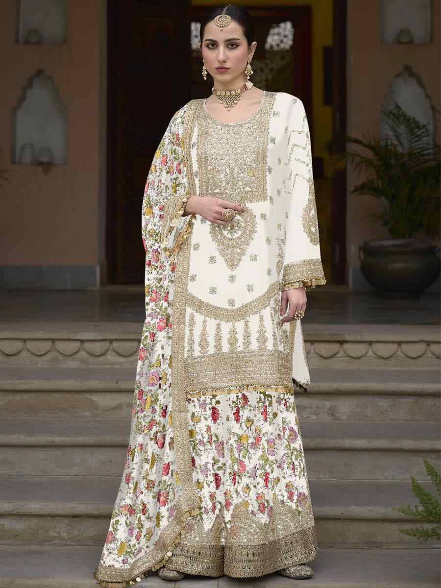 White Chinon Silk Embroidered Festival Wedding Palazzo Pant Salwar Kameez