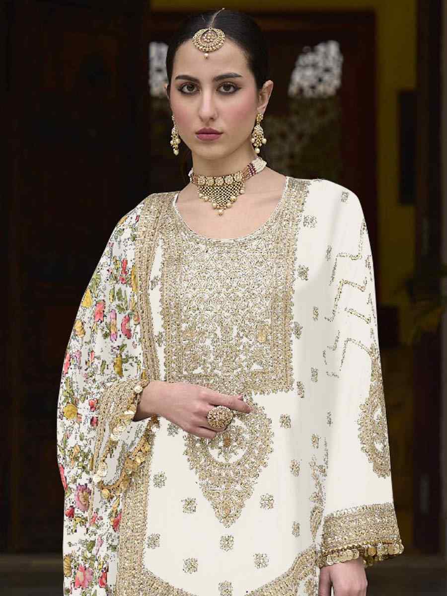 White Chinon Silk Embroidered Festival Wedding Palazzo Pant Salwar Kameez