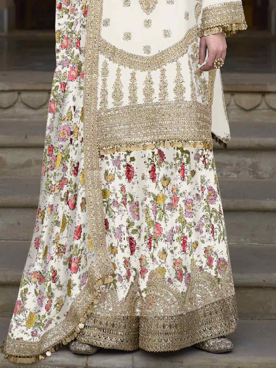 White Chinon Silk Embroidered Festival Wedding Palazzo Pant Salwar Kameez