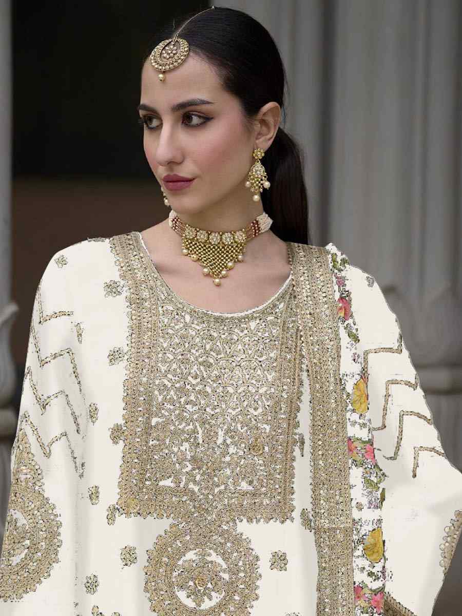 White Chinon Silk Embroidered Festival Wedding Palazzo Pant Salwar Kameez