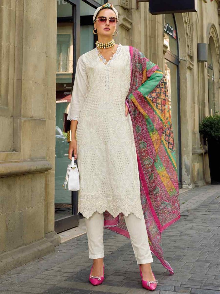 White Cotton Embroidered Festival Casual Ready Pant Salwar Kameez
