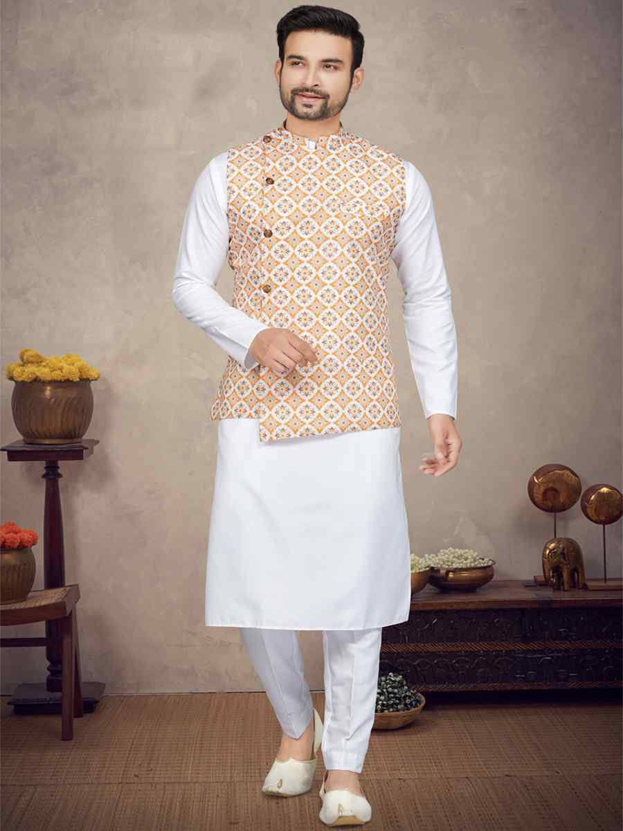 White Cotton Printed Festival Party Kurta